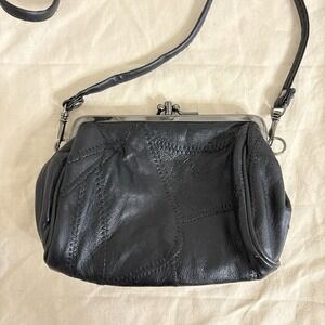 Vtg Black Lambskin Leather Mini Crossbody Bag Kiss Lock Patchwork Y2K Boho Purse